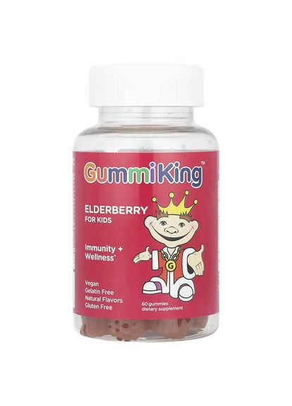 Бузина для дітей, імунний захист + гарне самопочуття, смак малини, 60 жувальних мармеладок Gummi King (370135396)