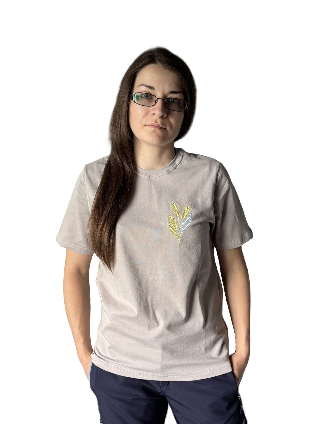 Бежева бежева жіноча футболка -вишиванка колоски НоКо візерунок орнамент пряма, вільна трикотаж (339786955)