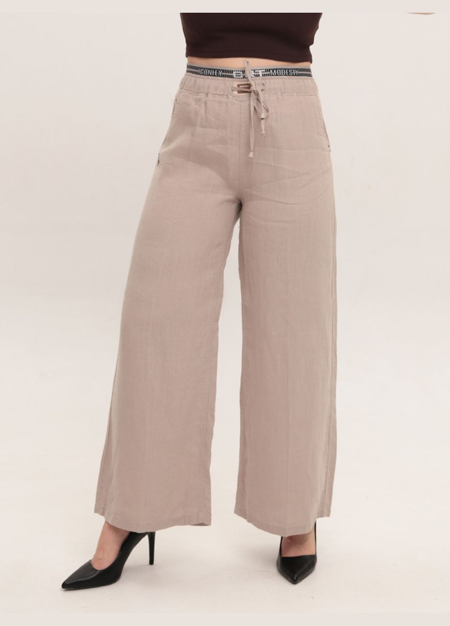 Брюки женские бежевые широкие льняные на резинке большие размеры CARMITO Палаццо (329854070)