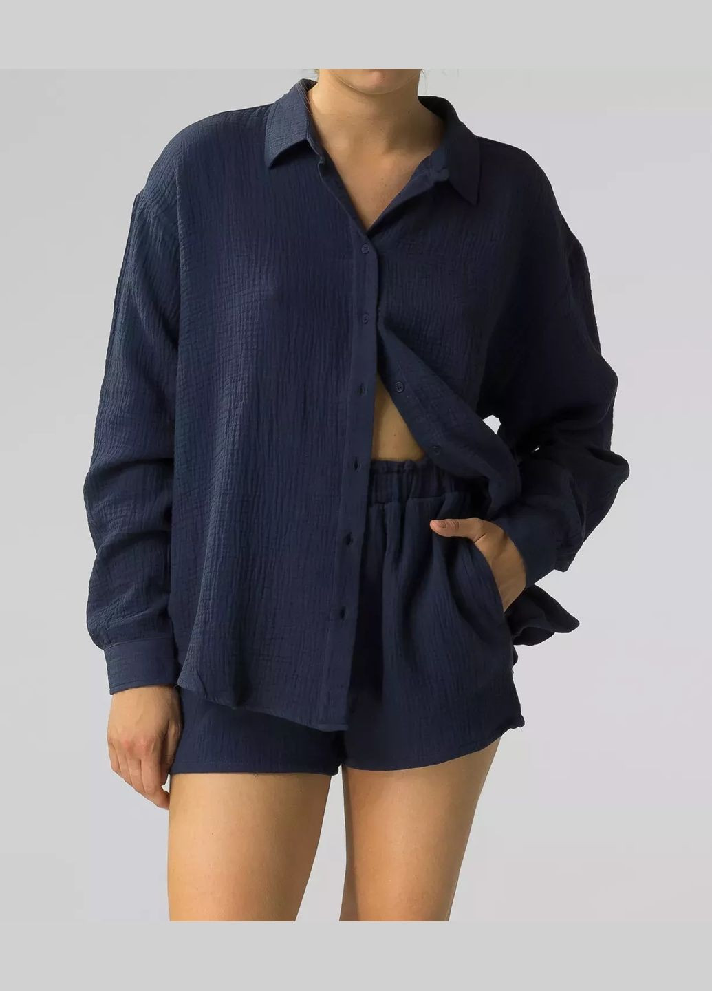 Синя всесезон жіноча муслінова піжама сорочка + шорти Atlantic