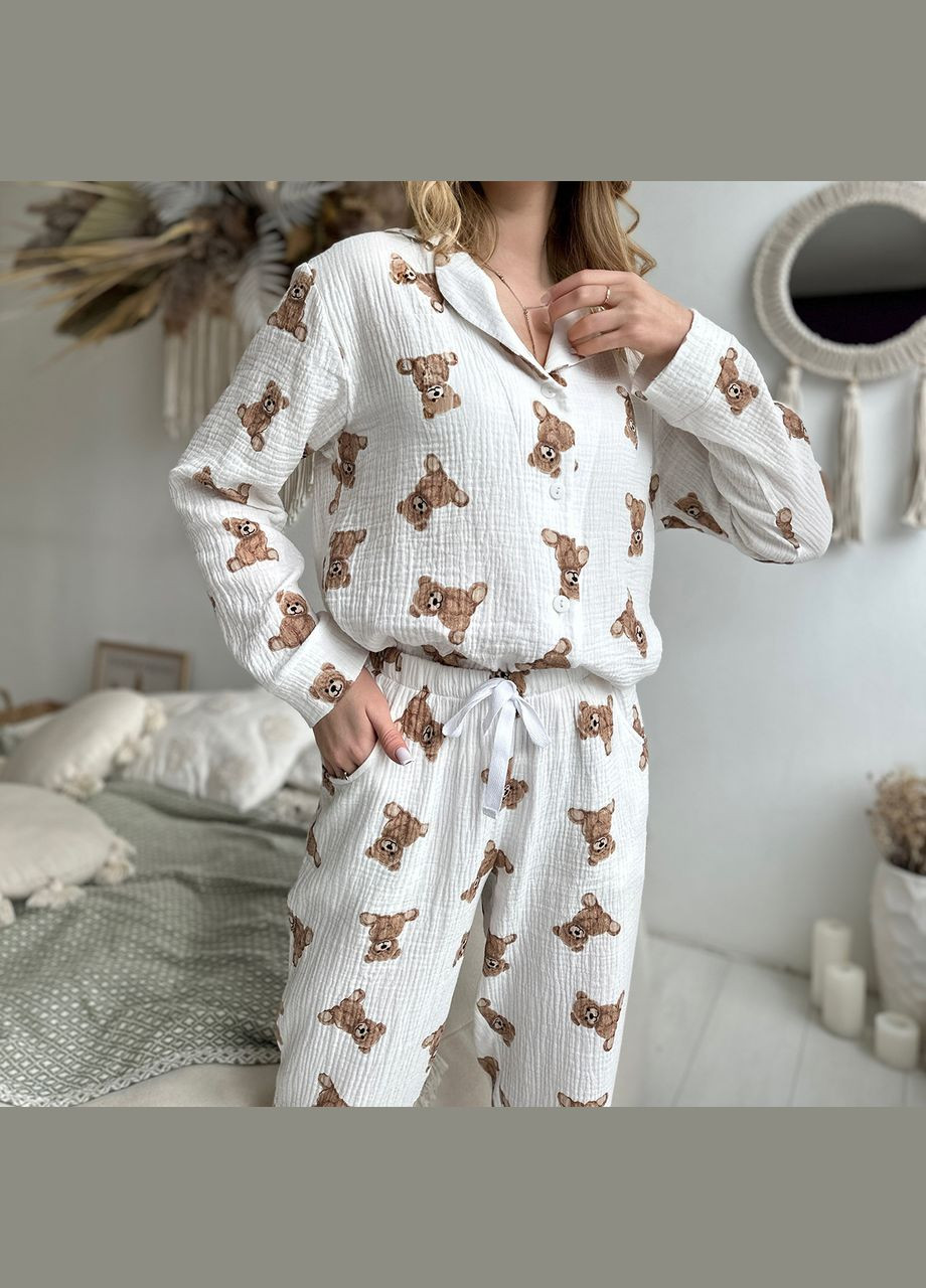 Бордовая пижама (рубашка+штаны) женская муслин белая мишки тедди m220p Cosy