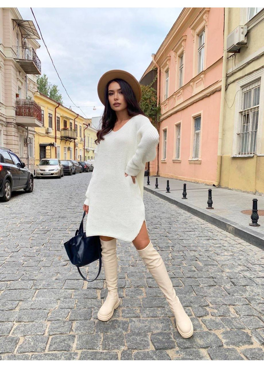 Молочное платье-туника женское вязаное – цвет лаванда 00389 No Brand