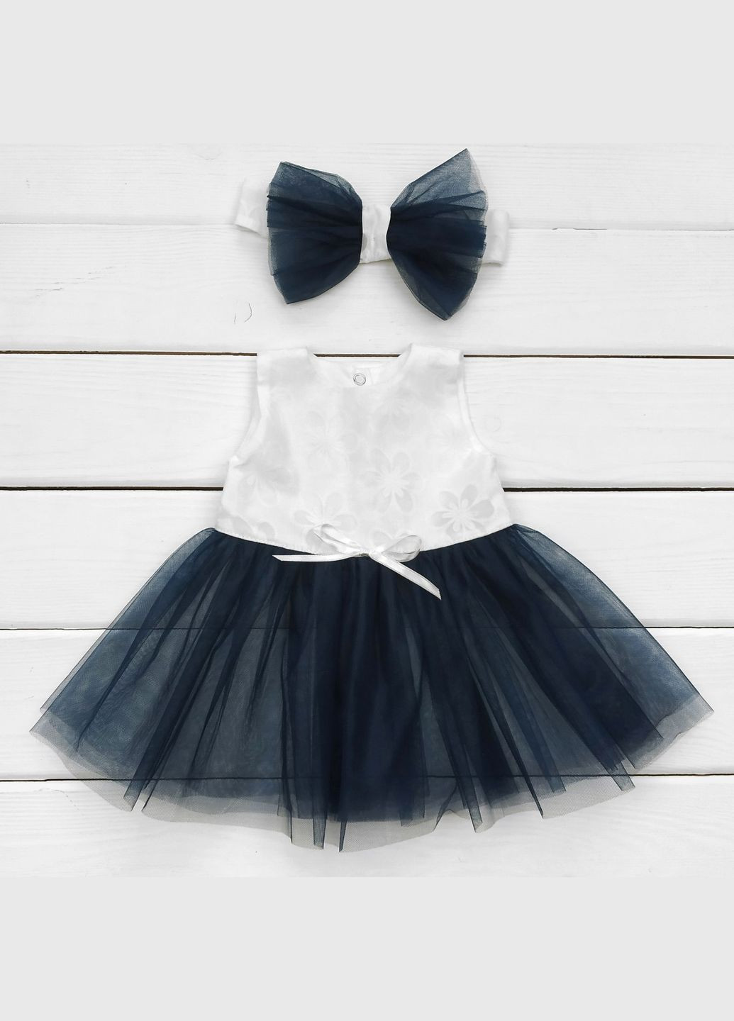 Комбинированный летний комплект ясельный для праздников платье с фатином и повязка белый;темно-синий Malena