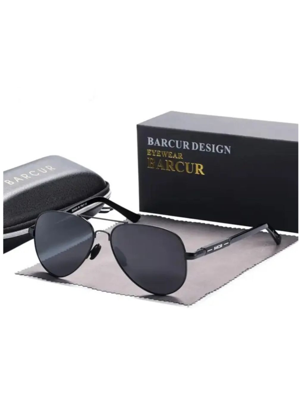 Солнцезащитные очки мужские авиаторы поляризационные UV400 алюминиевая оправа черные линзы серые с чехлом Barcur No Brand (364859660)