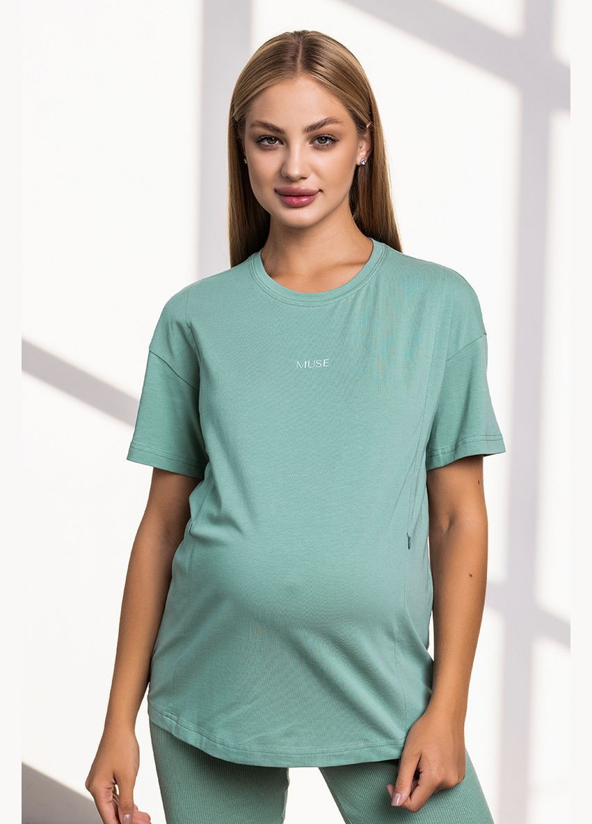 Зеленая стильная футболка для беременных и кормящих с секретом кормления трикотажная Юла мама