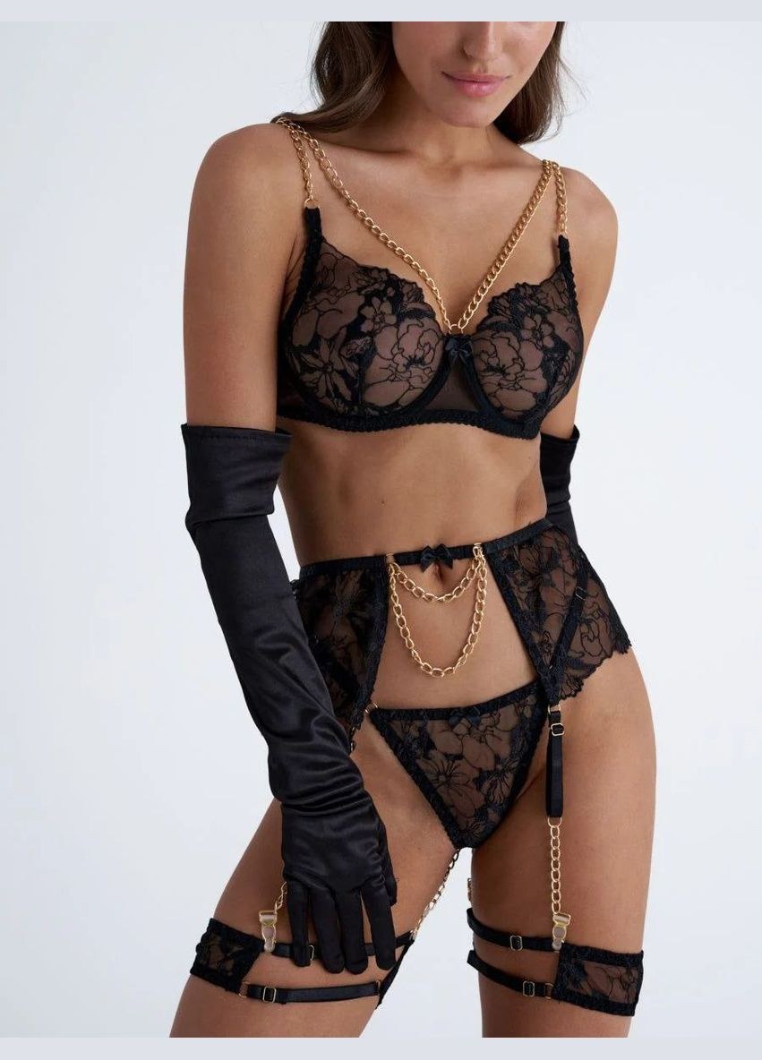 Черный демисезонный комплект откровенный женского белья liberta бюстгальтер трусики пояс с гартерами No Brand Комплект нижньої білизни Liberta