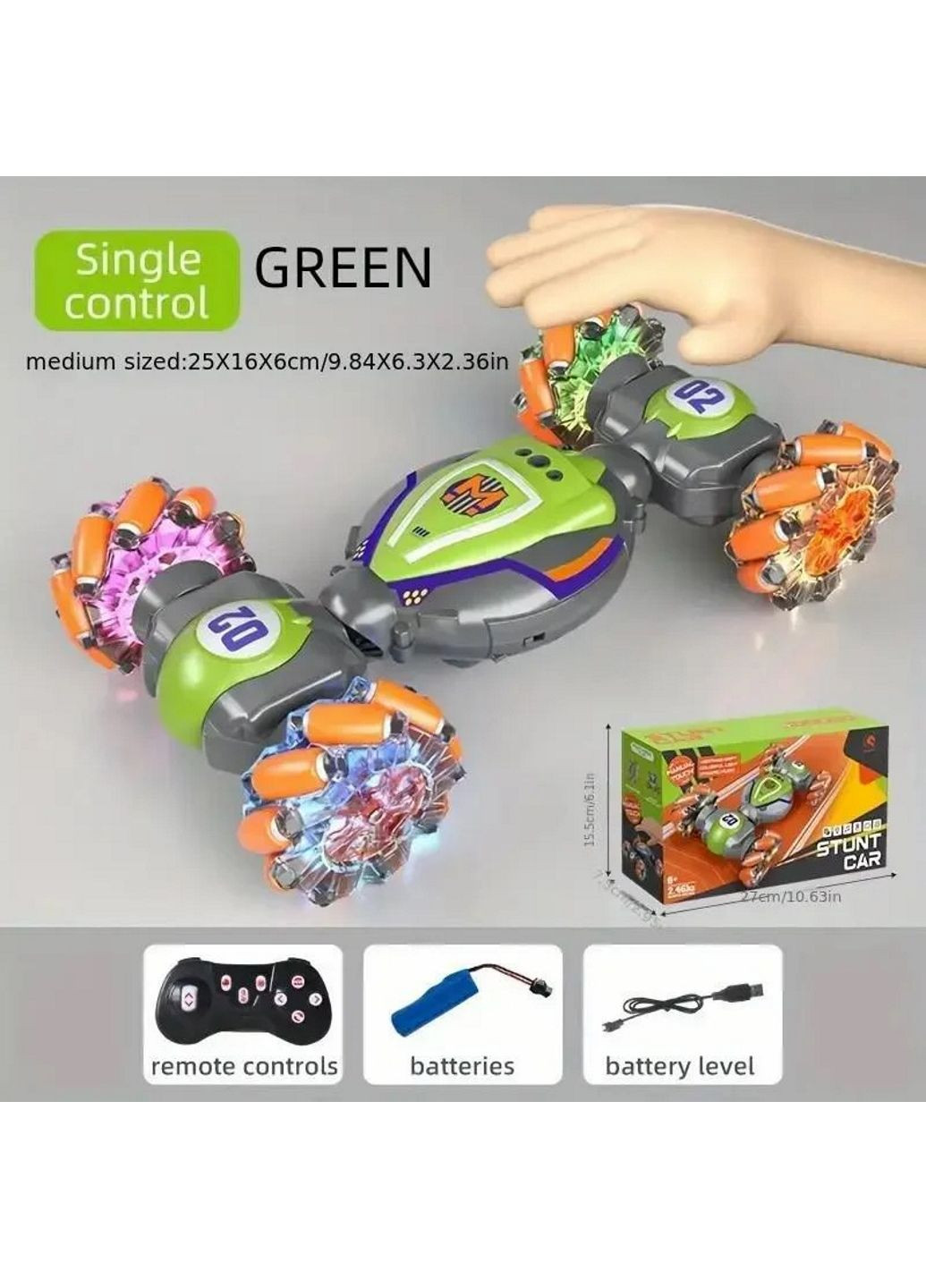 Машинка перевертень на радіокеруванні управління рукою без пульта Зелена More Stunt Car 1829-2 (314466947)