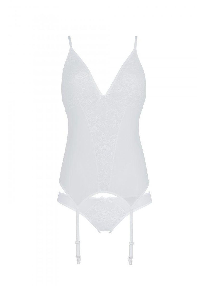 Корсет Ursula Corset white S/M, с пажами, трусики с ажурным декором и открытым шагом Passion (303885863)