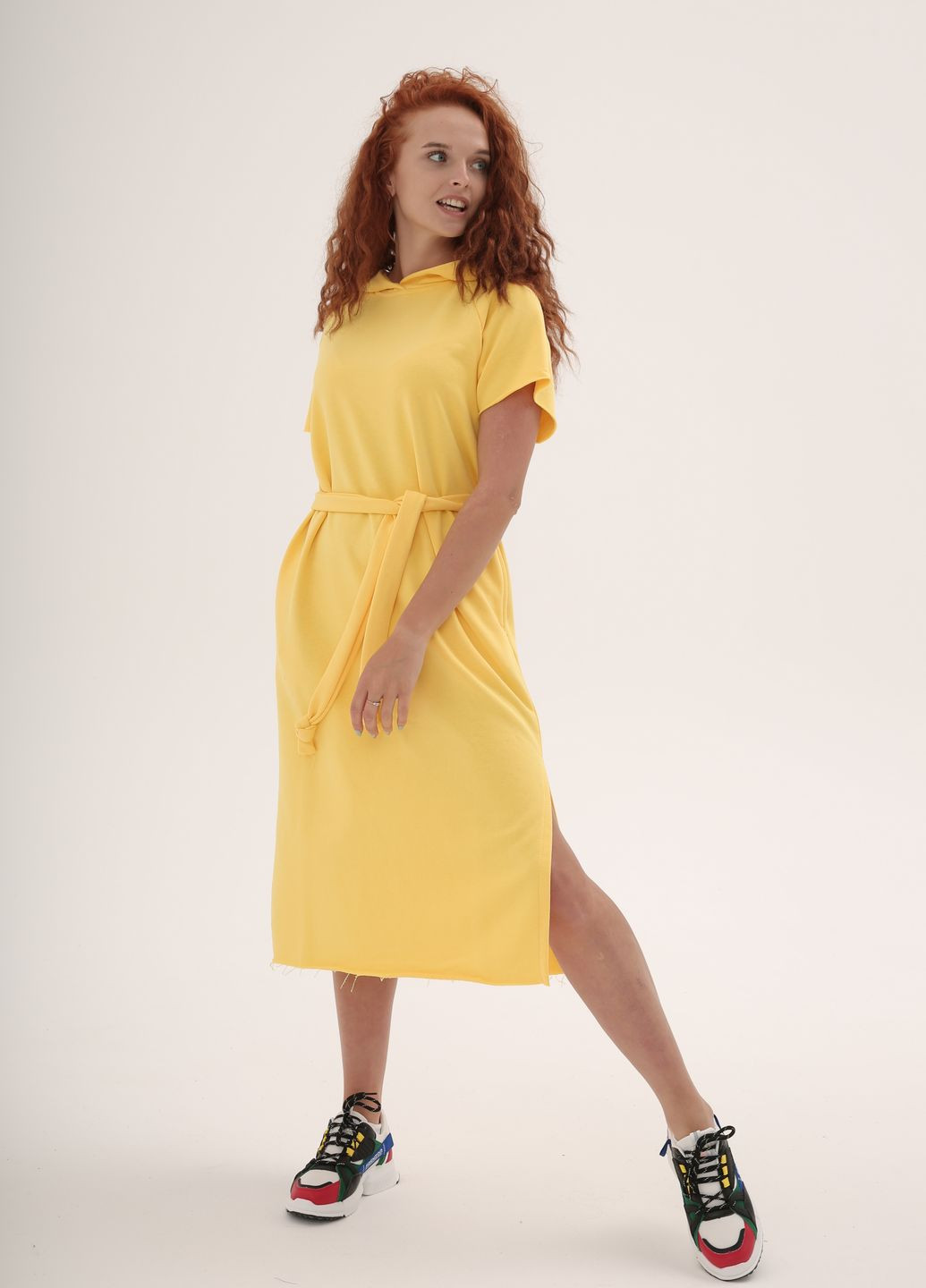 Желтое спортивное, повседневный, кэжуал, джинсовое женское повседневное свободное хлопковое платье платье-футболка, платье-худи InFashion однотонное