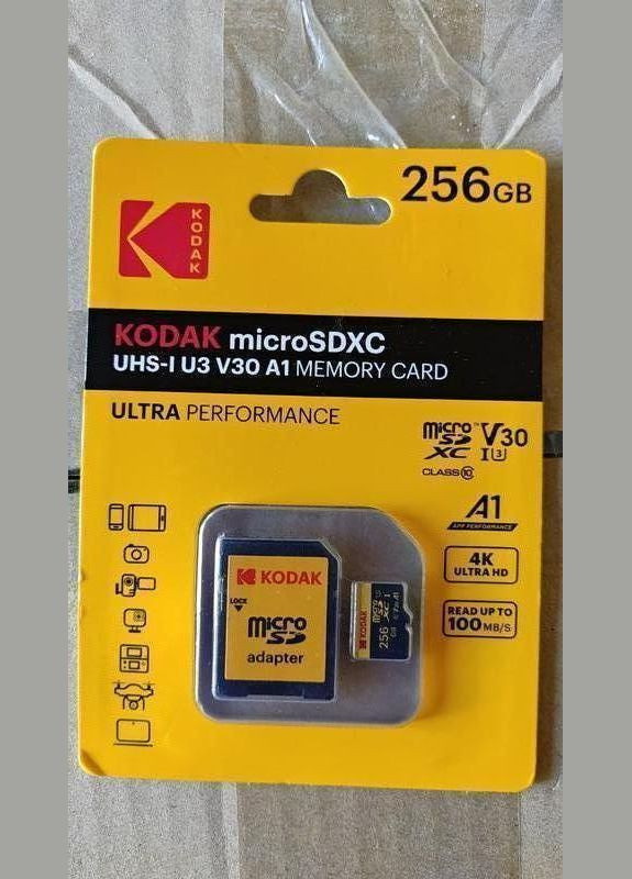 Карта памяти 256Gb V30 U3 A1 Class 10 4K MicroSD + microSD->SD Adapter Kodak (317923539)