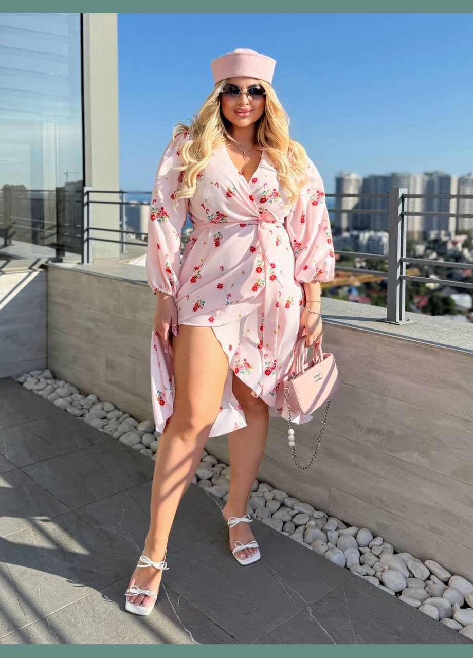 Розовое летнее розового цвета батальное платье в цветочном принте No Brand