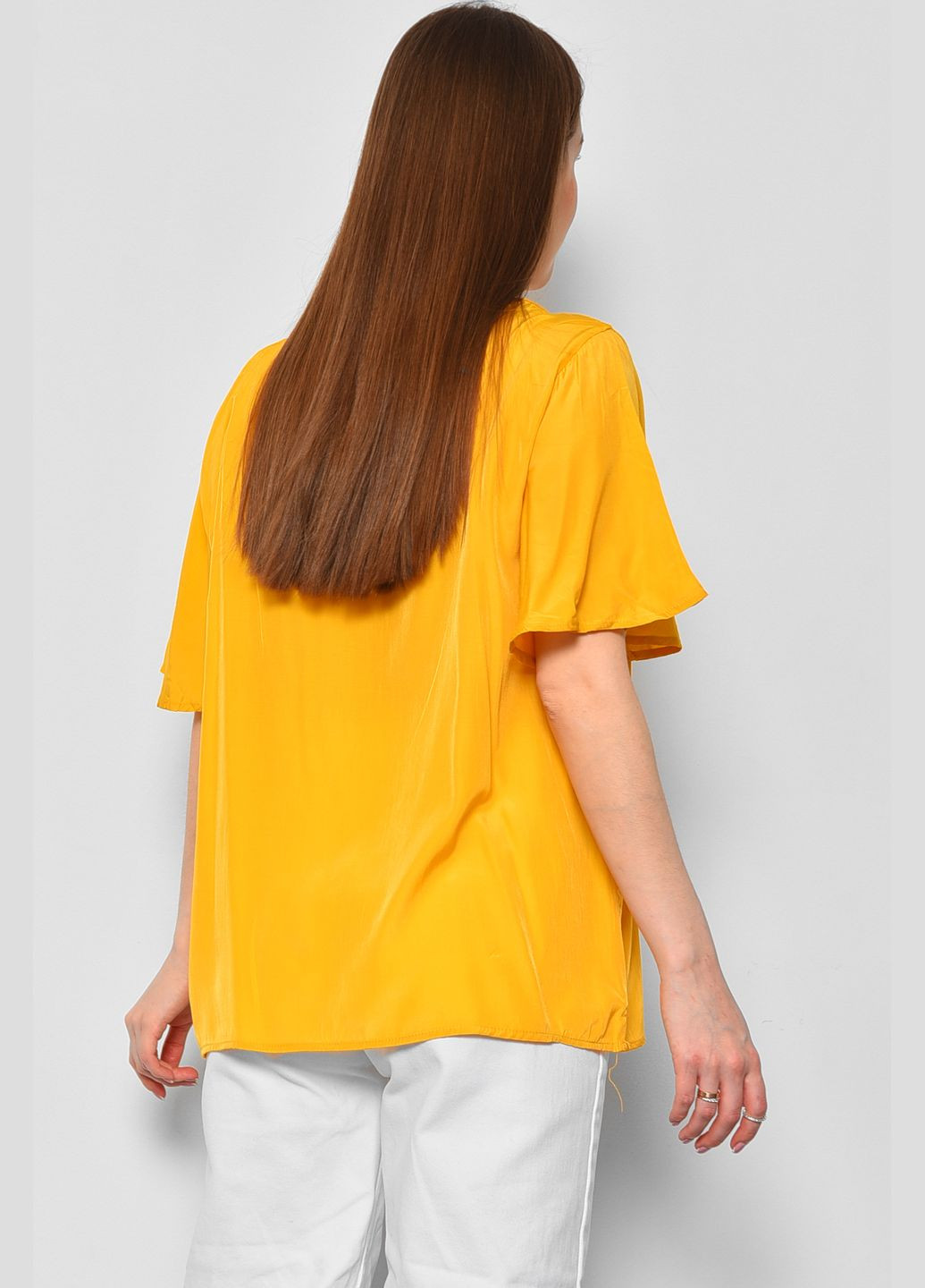 Гірчична блуза жіноча з коротким рукавом гірчичного кольору з баскою Let's Shop