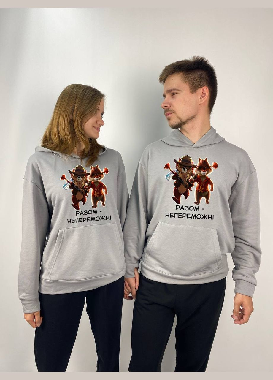 Парные тощие с капюшоном без флиса, в сером цвете, принт "Разом- Непобедимые" (562) Hand Made (358896614)