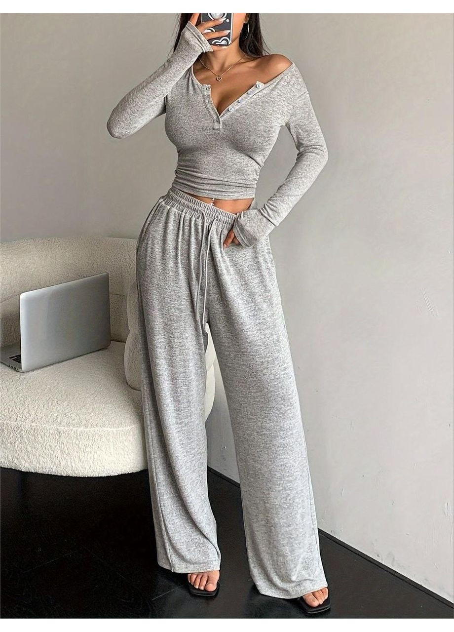 Сіра всесезон жіночий домашній м'який комплект піжама home облягаючий топ з довгим рукавом і штани лонгслів + брюки No Brand Піжама Home сіра