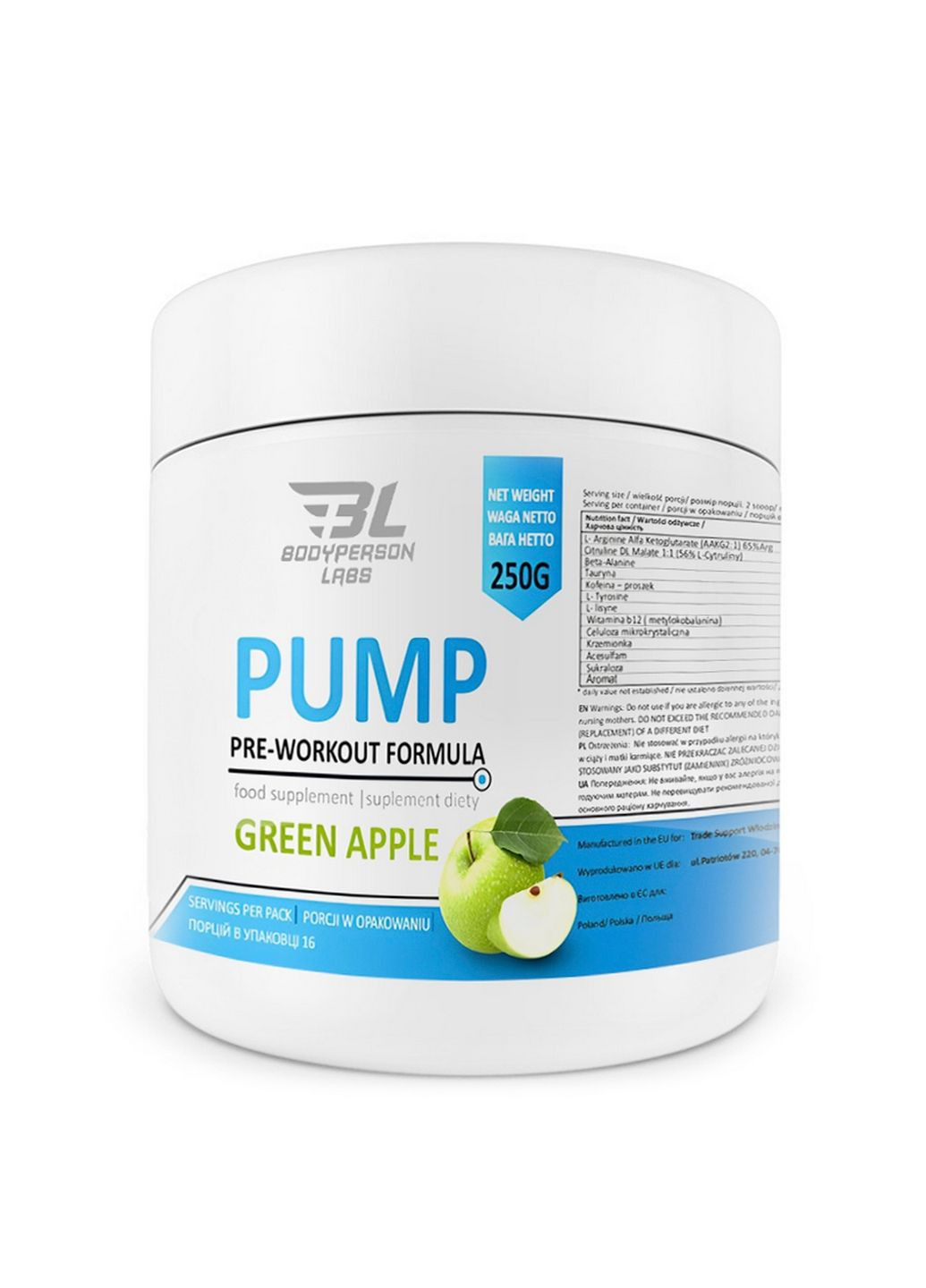 Предтренувальний комплекс Labs Pump Pre-Workout Formula, 250 грам Зелене яблуко Bodyperson Labs (293419120)