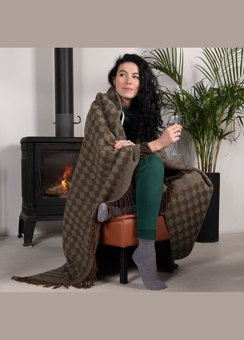 Плед з екологічної вовни коричнево-зелений 140 x 200 см Love You (276907813)