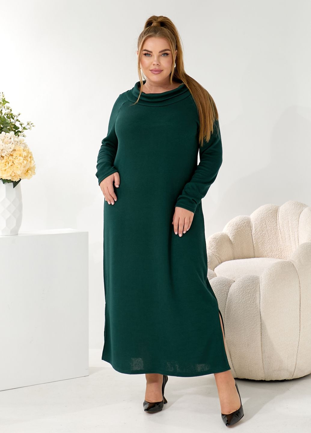 Зеленое повседневный, кэжуал платье-водолазка ангоровое с длинными рукавами силуэтная, платье-водолазка No Brand однотонное