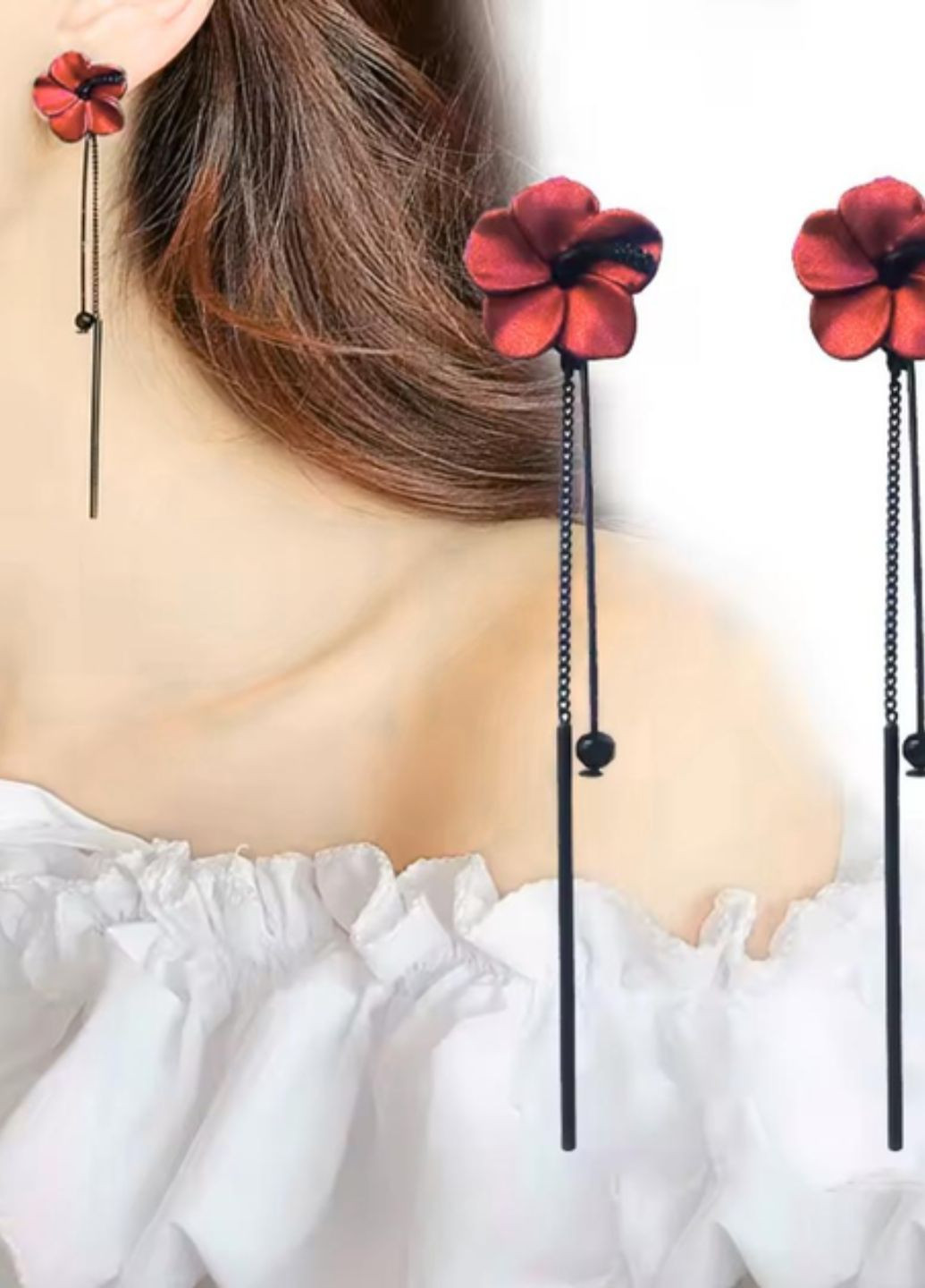 Серьги гвоздики женские с красным цветком и подвесками Fashion Jewelry (353827770)