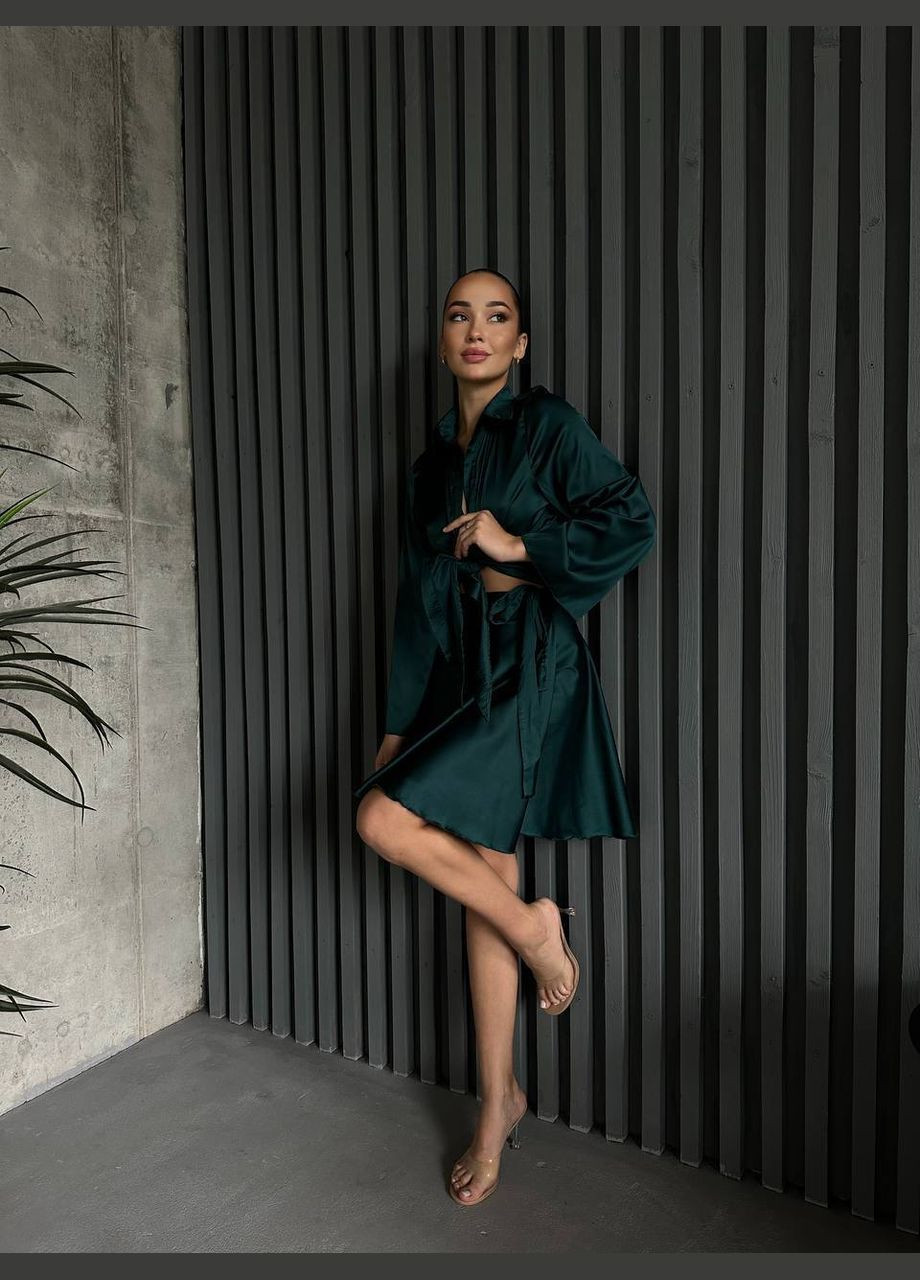 Женский шелковый костюм юбка на запах+рубашка изумрудного цвета 32931 Fashion (330597322)