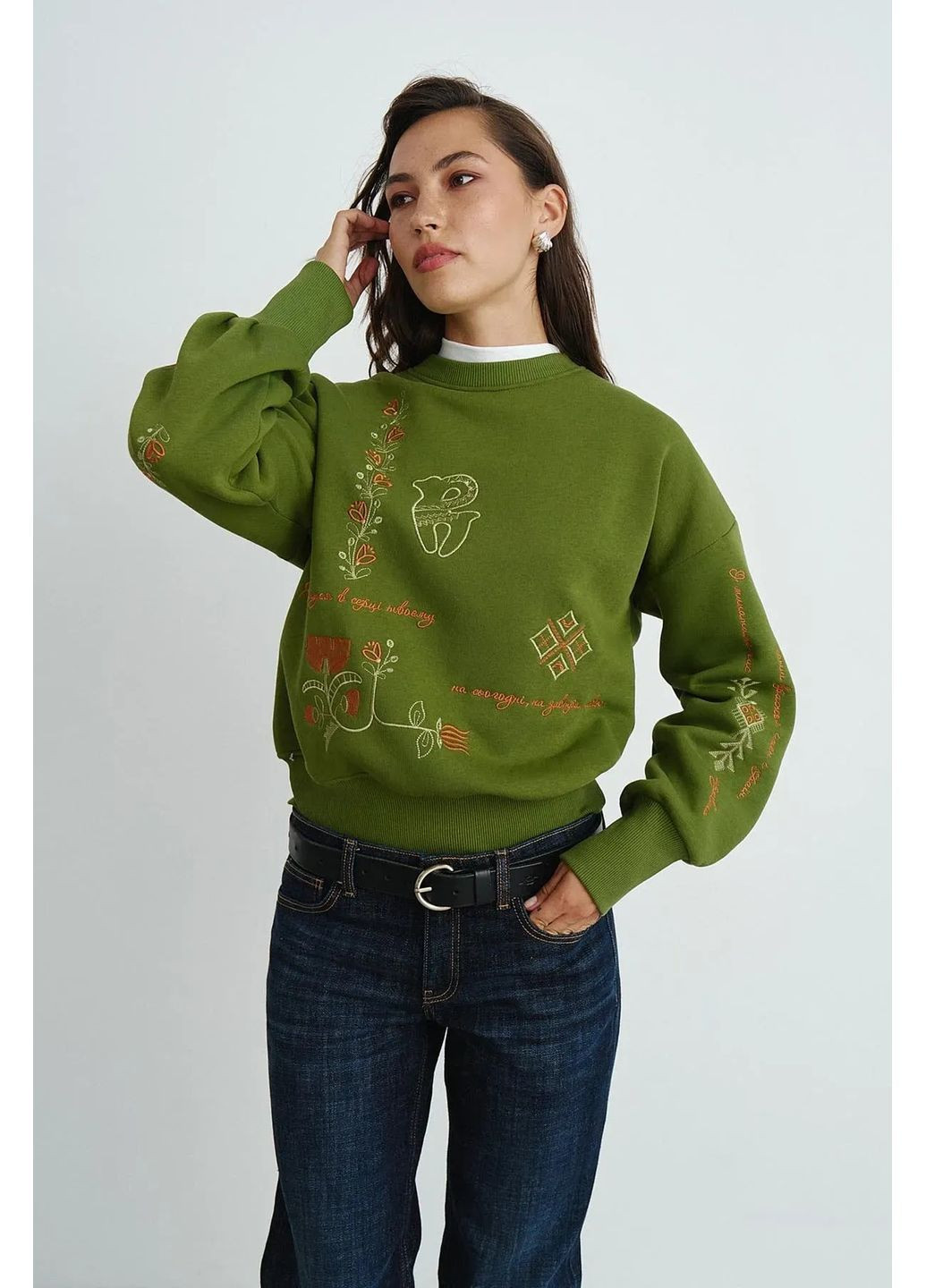 Зеленый свитшот с украинскими орнаментами, цвет зеленый Rica Mare (367831700)