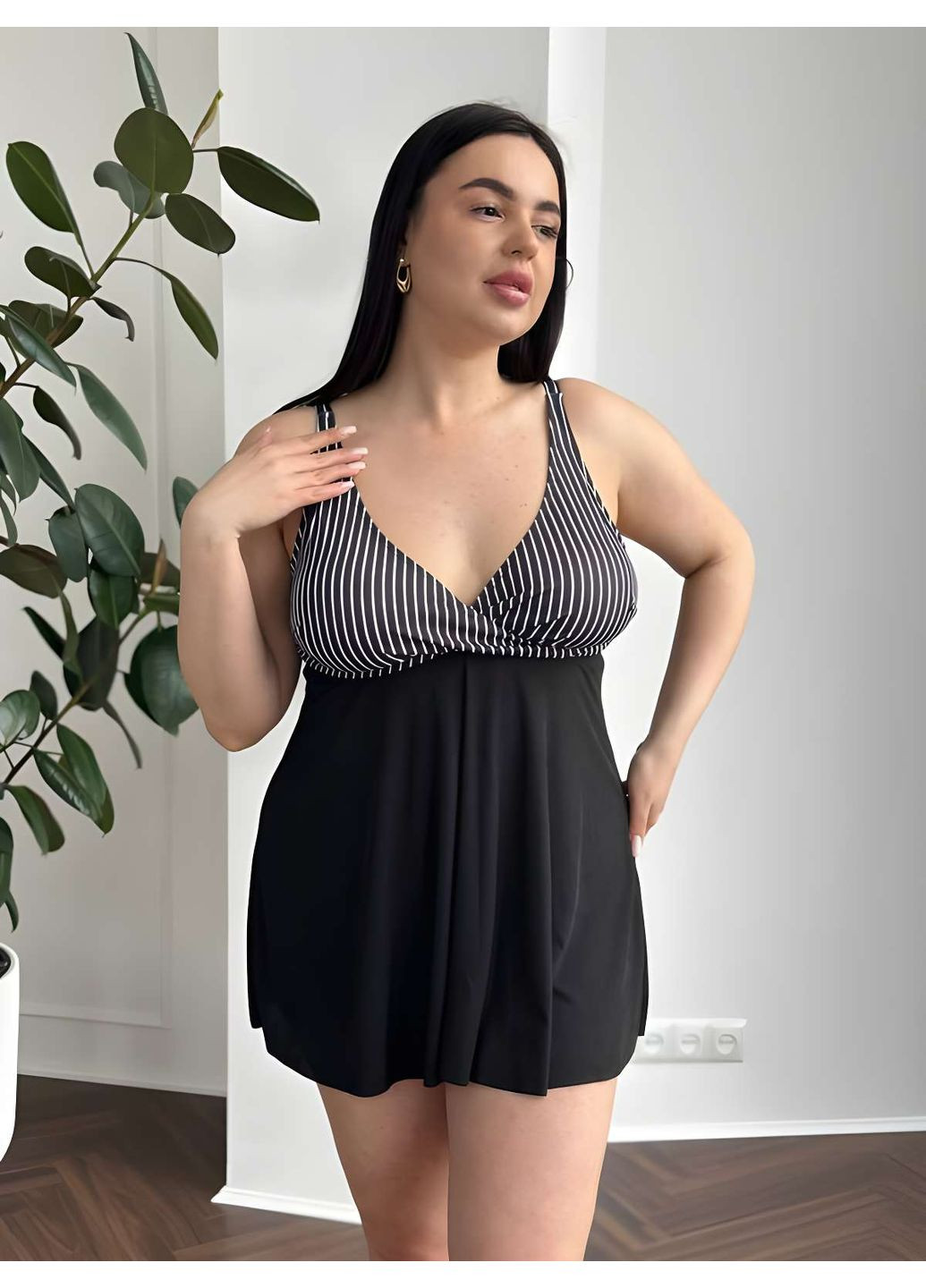 Черный летний женский летний раздельный купальник черный черный с полосатым верхом 2хл 3хл 4хл танкини No Brand