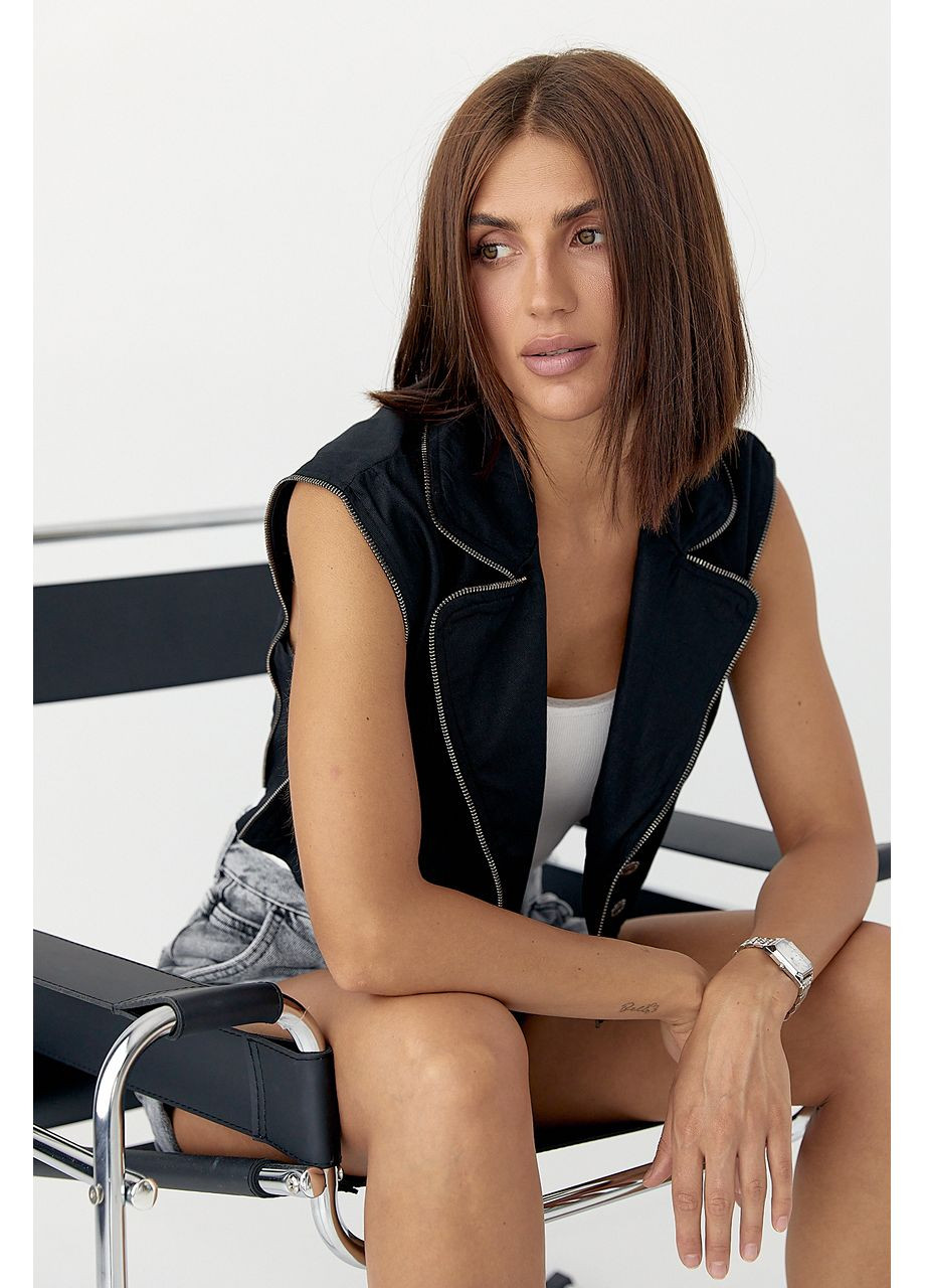 Короткий жилет котоновий прикрашений блискавками - зелений колір Lurex (353306309)