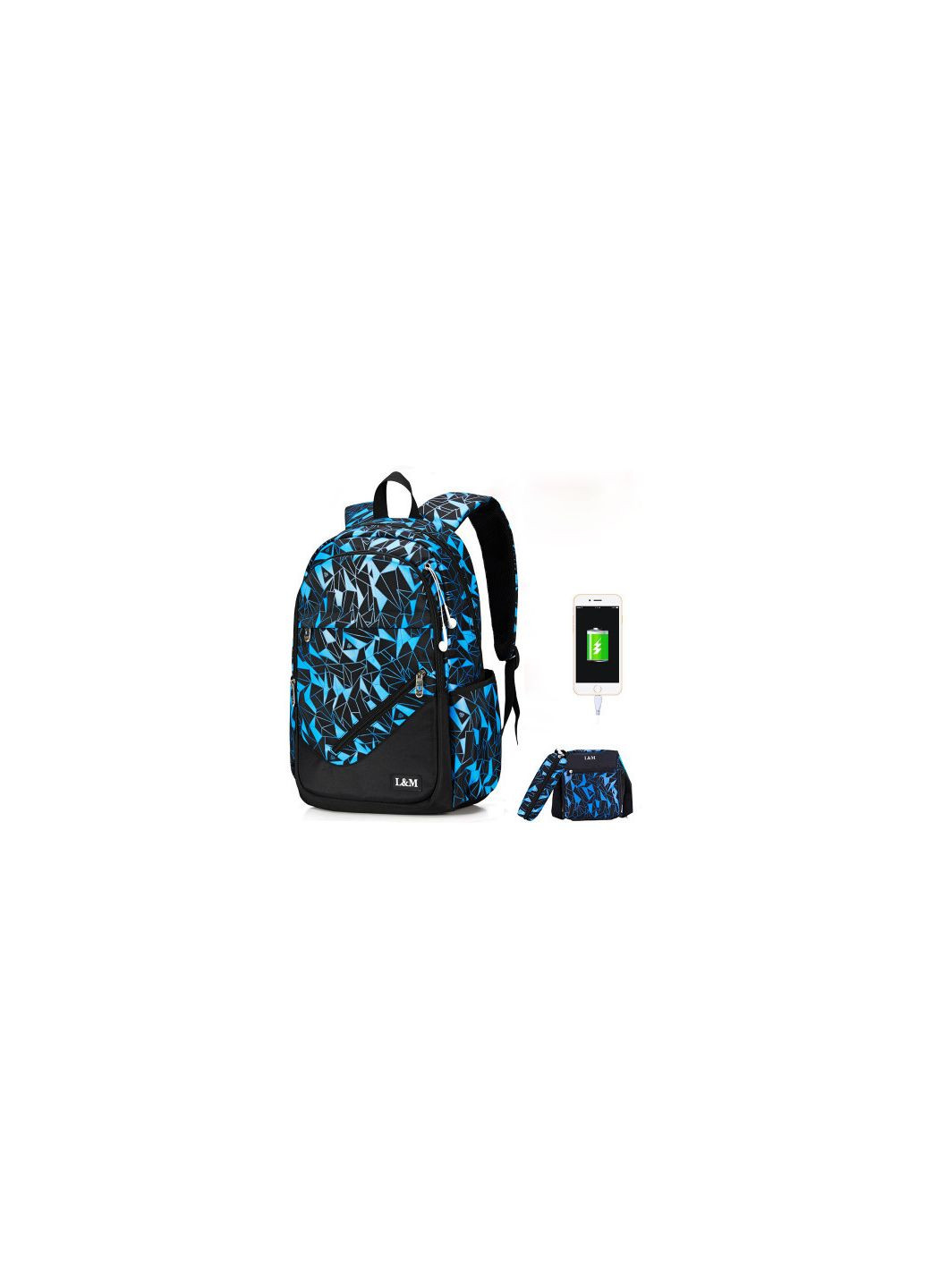 Рюкзак черный с синими треугольниками с пеналом и сумкой в комплекте L&L (269254856)