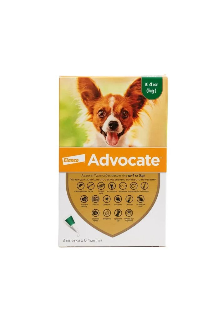 Краплі на холку для собак Advocate до 4кг (3шт по 0,4мл) Bayer (369931486)
