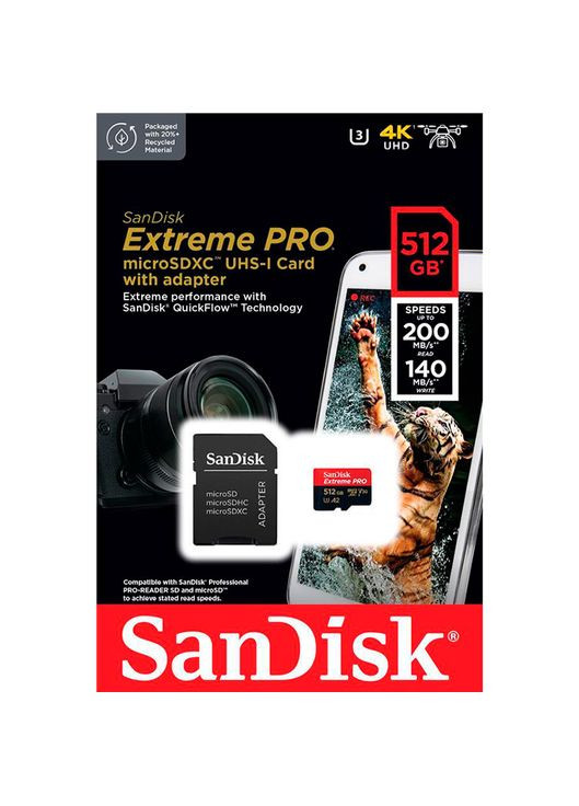 Карта памяти micro-SDXC 512GB UHS-I U3 C10 Extreme Pro V30+SD (SDSQXCD-512G-GN6MA) SanDisk (326519306)