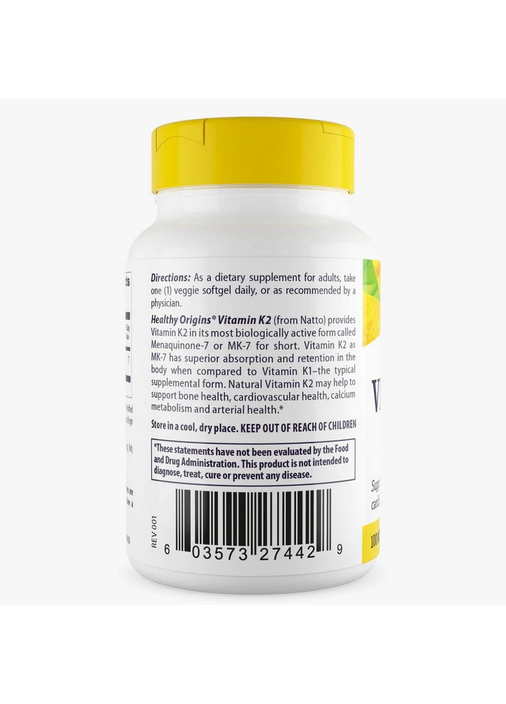 Вітаміни та мінерали Vitamin K2 as MK-7 Natural 100 mcg, 60 вегакапсул Healthy Origins (293342275)