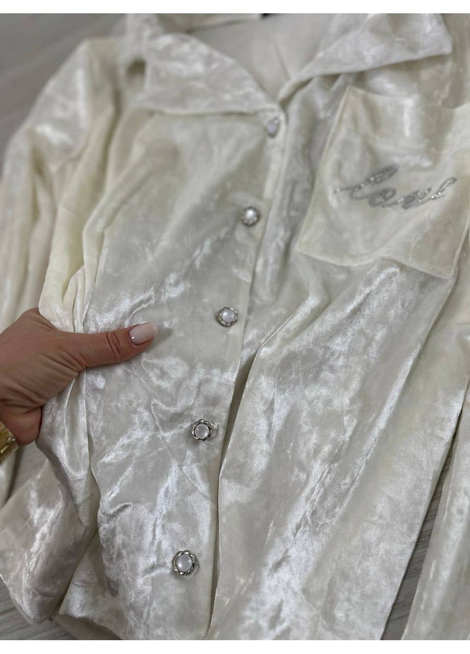 Молочная всесезон женская велюровая пижама рубашка + брюки Asi.Store.ua