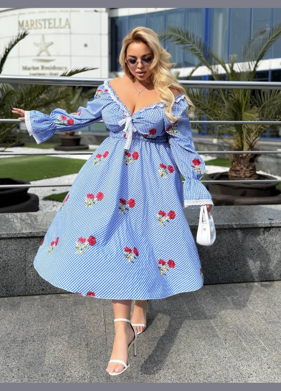 Блакитна святковий, коктейльна, повсякденний, кежуал, вечірня сукня міді з довгим рукавом бебі долл Україна в клітинку