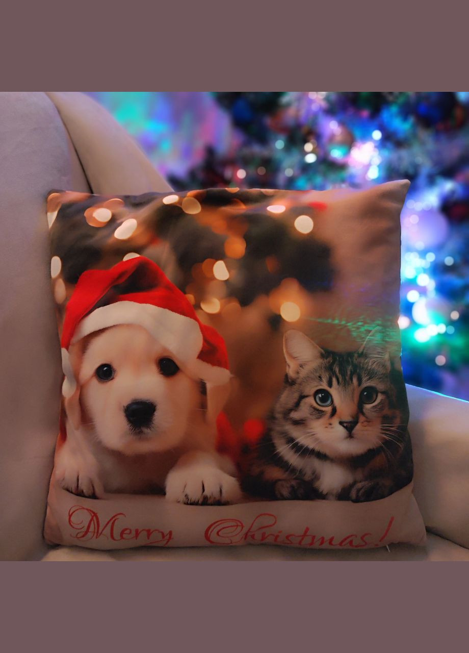 Декоративна наволочка з м'якого велюру на диванну подушку 45смХ45см Різдвяна наволочка з домашніми улюбленцями Maystat (305742500)
