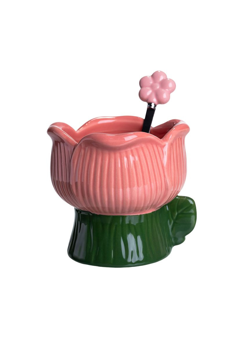 Чаша порцелянова для морозива у формі тюльпана з ложкою 300 мл, зелений з рожевим Yiwu (367983842)