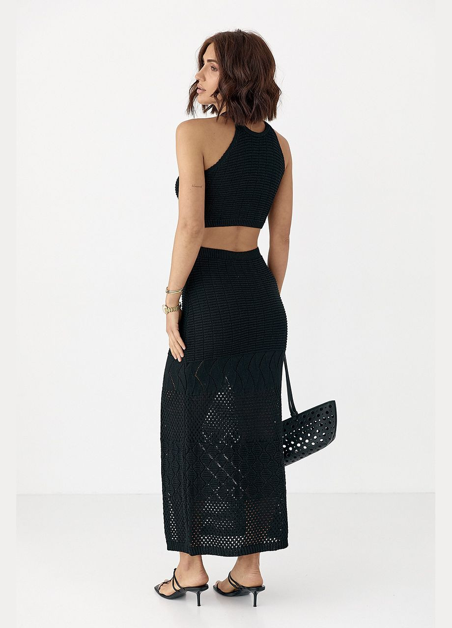 Літній в'язаний костюм зі спідницею та кроп-топом - молочний колір Lurex (340917777)