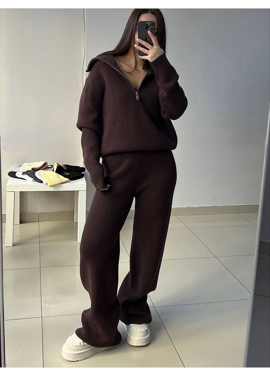 Вязаный женский костюм с трендовым полувером на змейке. No Brand (369136012)