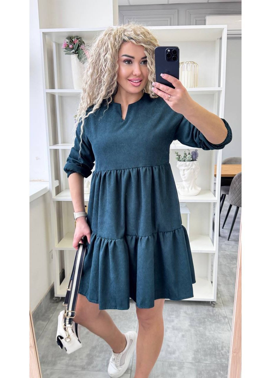 Бутылочное зеленое праздничный, повседневный женское платье из вельвета а-силуэт Avanti однотонное