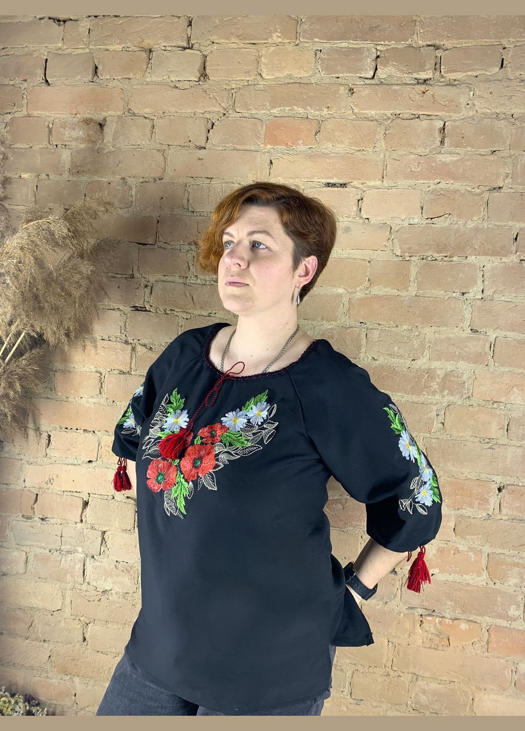 Чёрная женская вышиванка мак-ромашки черная НоКо узор цветочный (307926060)