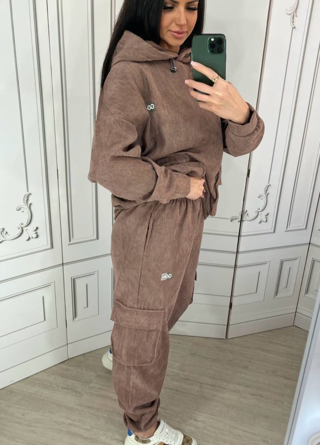 Вельветовый оверсайз костюм с капюшоном и накладными карманами. Україна (322265124)