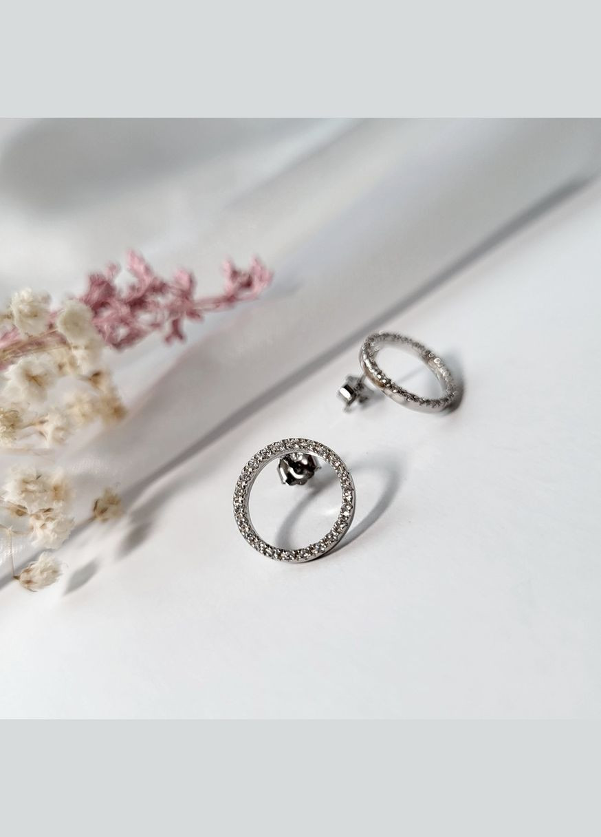 Срібні Сережки гвоздики на фіксаторах Коло в Усипці білих каменів срібло 925 проби Родоване ск2ф/1187 2.00г No Brand (306742041)