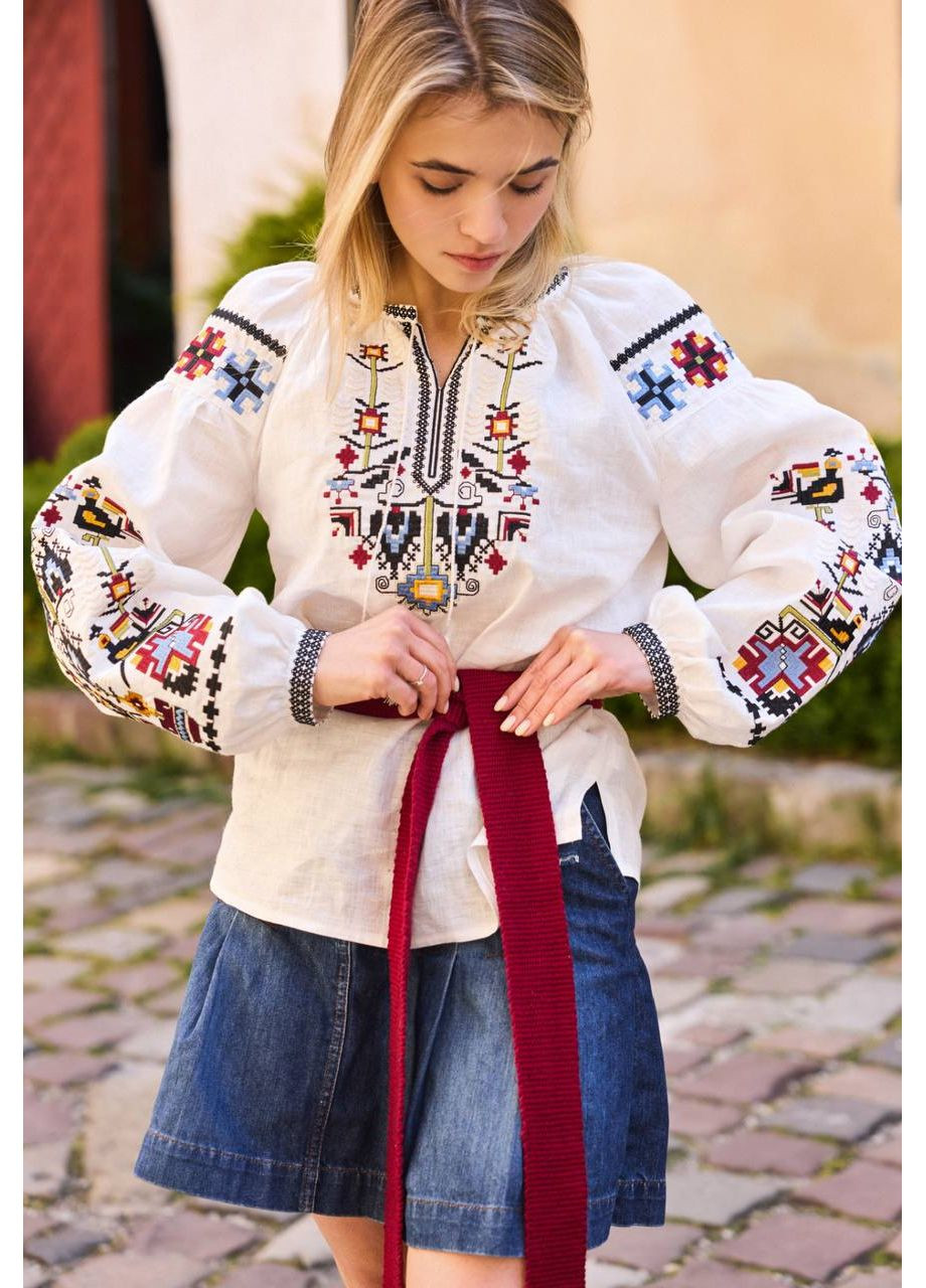 Белая женская вышиванка дерево рода со стильным орнаментом, 100% лен, цветная вышивка гладью, s-xl MOTYV узор орнамент лен (366239453)