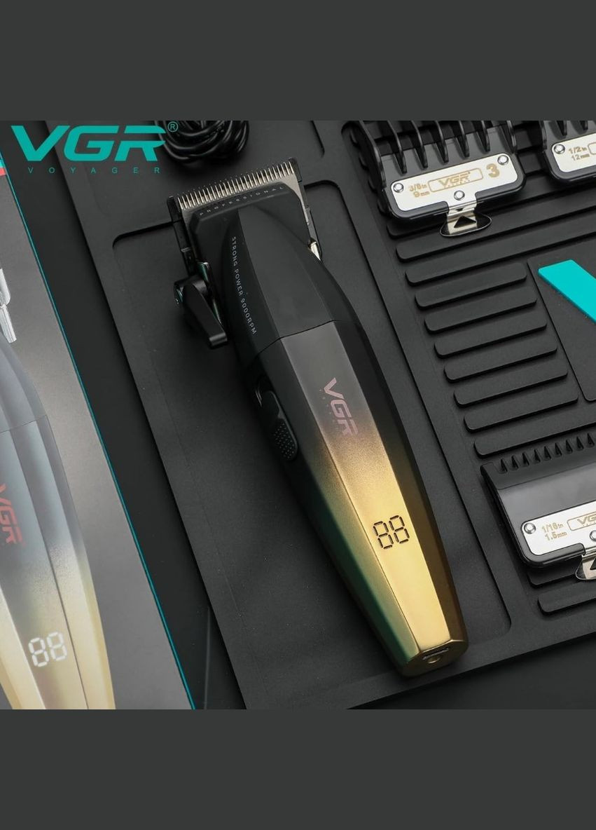 Машинка для стрижки акумуляторна 5Вт LED-дисплей 6 насадок 2500мАч золотистий (2390000035) VGR V‑003 (342392593)