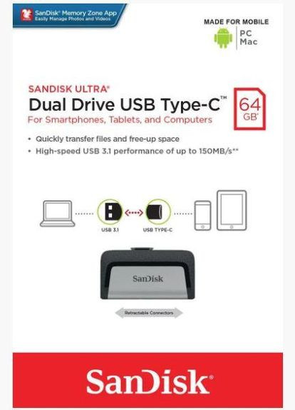 Флеш накопитель спиднс USB 3.1 Ultra Dual Type-C 128Gb (150 Mb/s) SanDisk (293346058)
