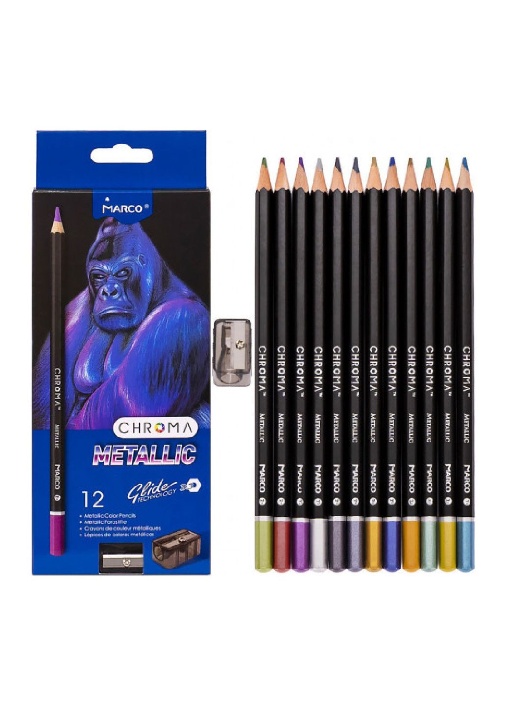 Набір шестигранних олівців "Metallic. Chroma" 12 кольорів з металічним блиском та точилкою Marco (300841882)