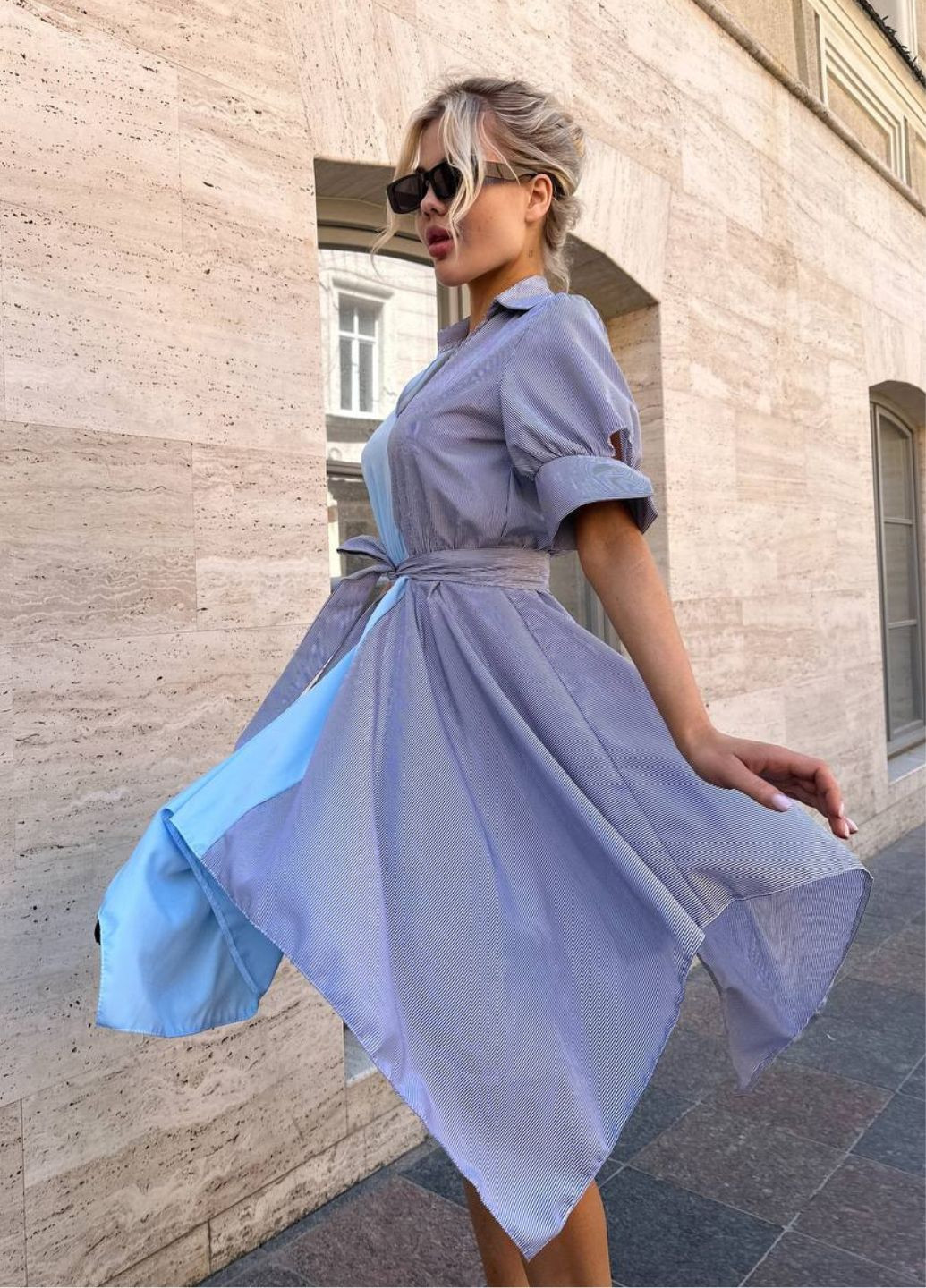 Сіро-голубий повсякденний сукня-сорочка у поєднанні двох кольорів сукня-сорочка Allthings