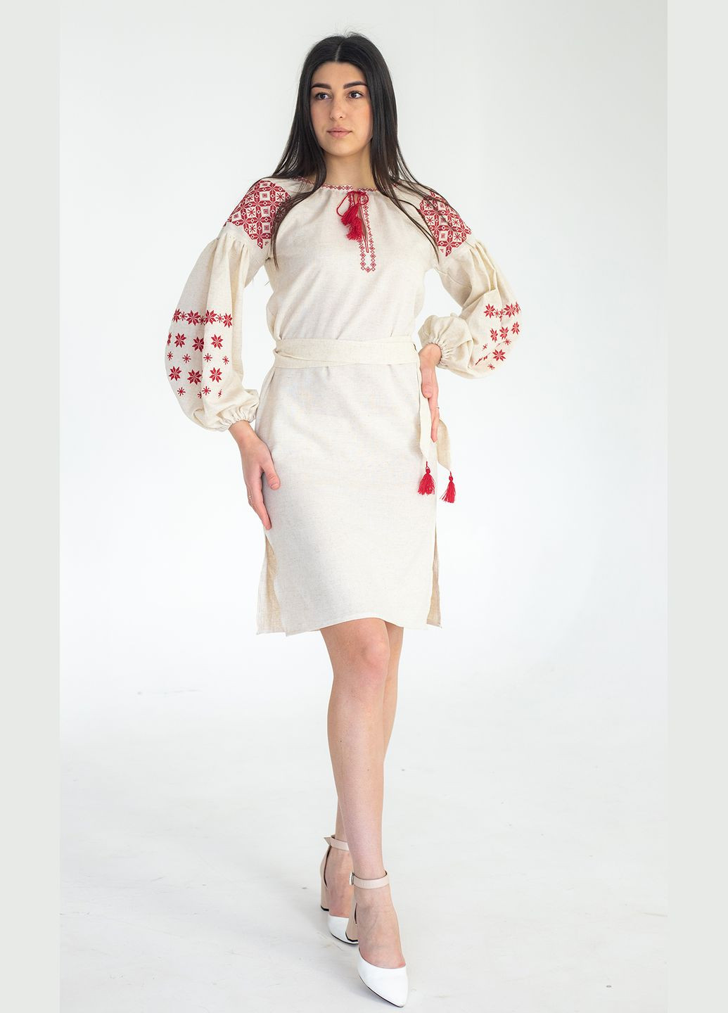Бежева вишита жіноча сукня vishivano4ka 135-4 візерунок геометричний пряма бавовна, поліестер, льон (336155013)