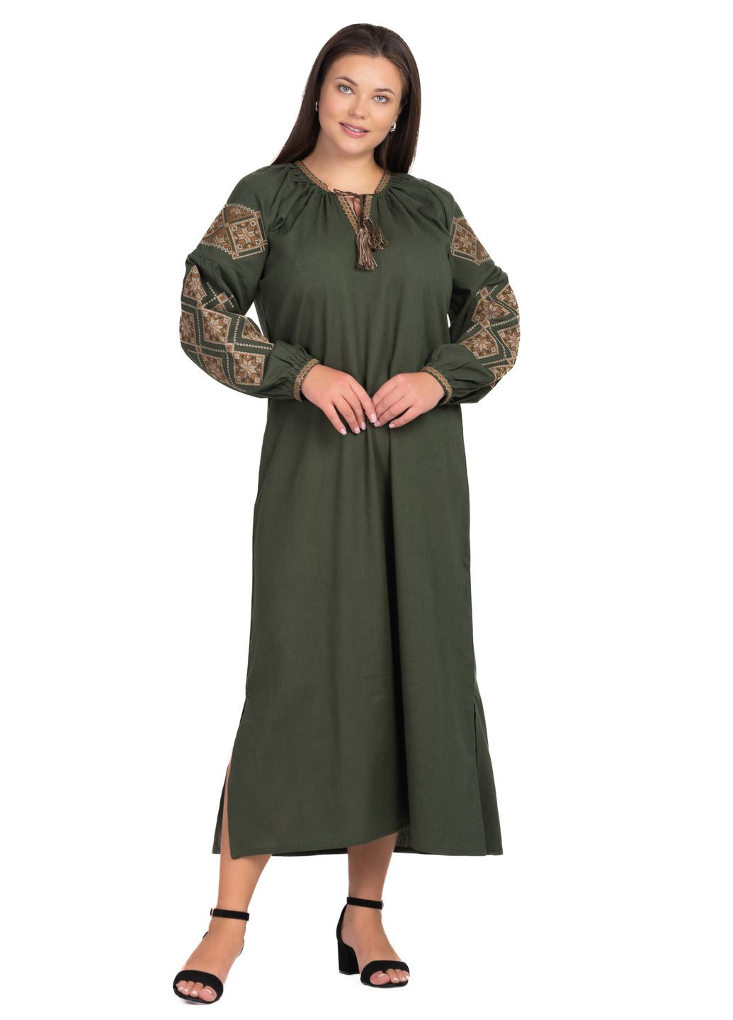 платье-вышиванка льняное соломия (хаки) Golfstream свободная лен (350908658)