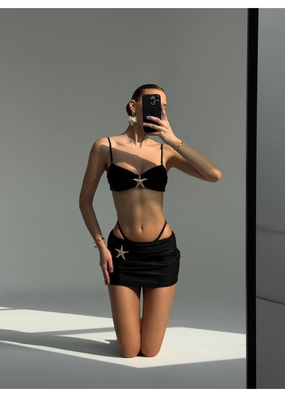 Чорний літній жіночий купальник з морською зіркою та спідничкою / жіночий купальник чорний зі зіркою декором + міні-спідниця No Brand