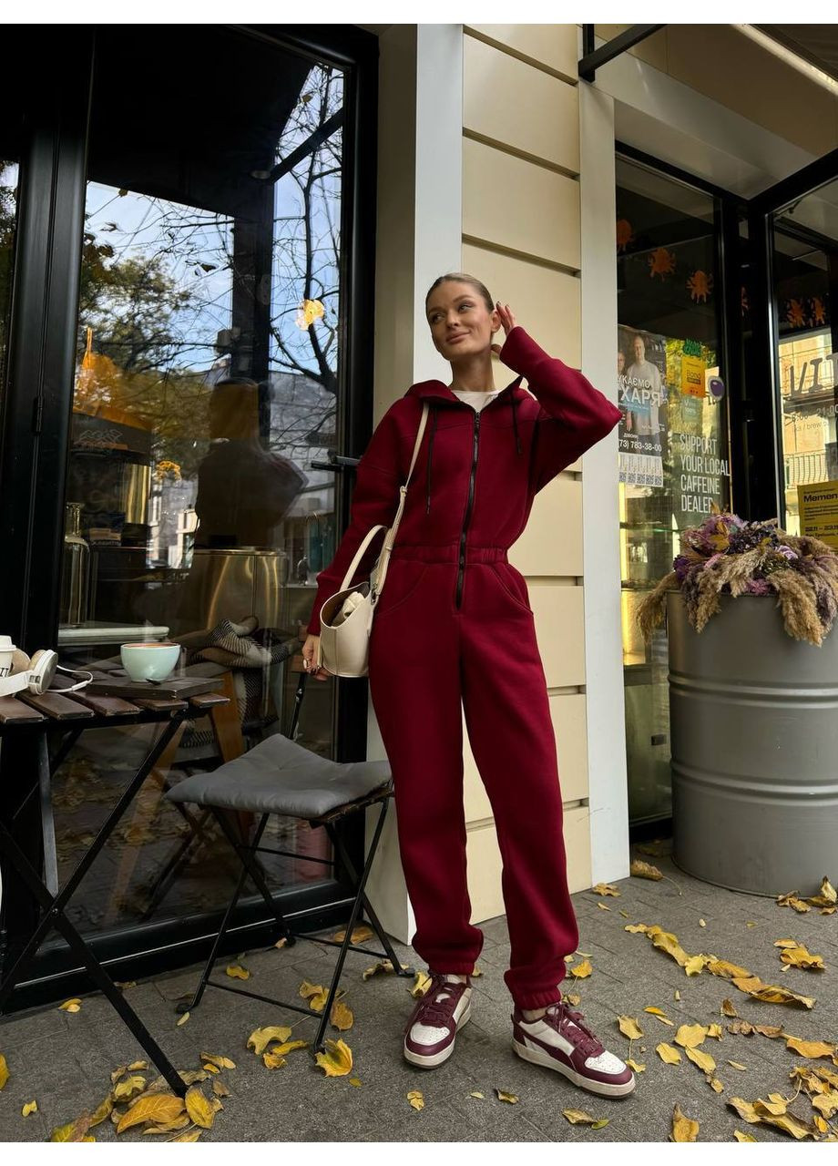 Жіночий теплий комбінезон FINO Mode комбінезон-брюки бордовий спортивний, повсякденний, кежуал тринитка з начосом