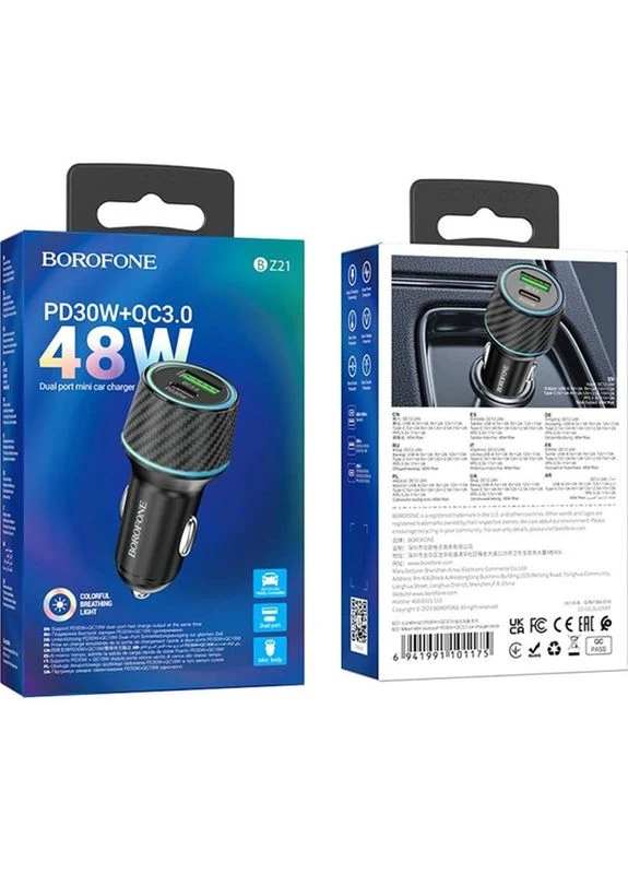 Автомобільний зарядний пристрій BZ21 Brilliant 48W Dual Port PD30W+QC3.0 Black (6941991101175) Borofone (399518777)